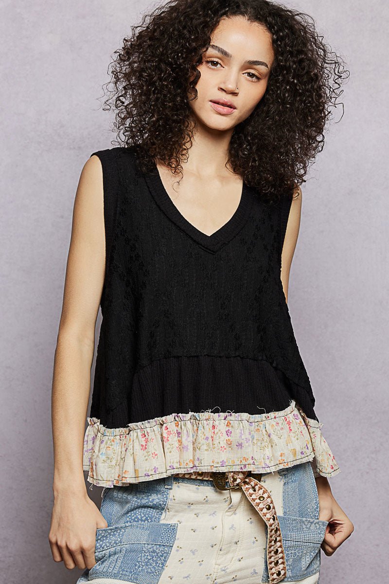 POL Floral Print V-Neck Textured Tank - BLACK / S