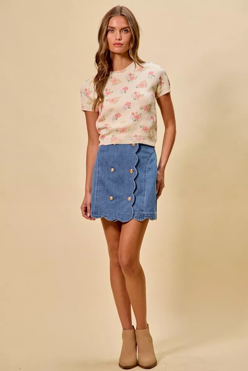 SO ME Denim Scalloped Buttoned Front Skirt - Denim / S