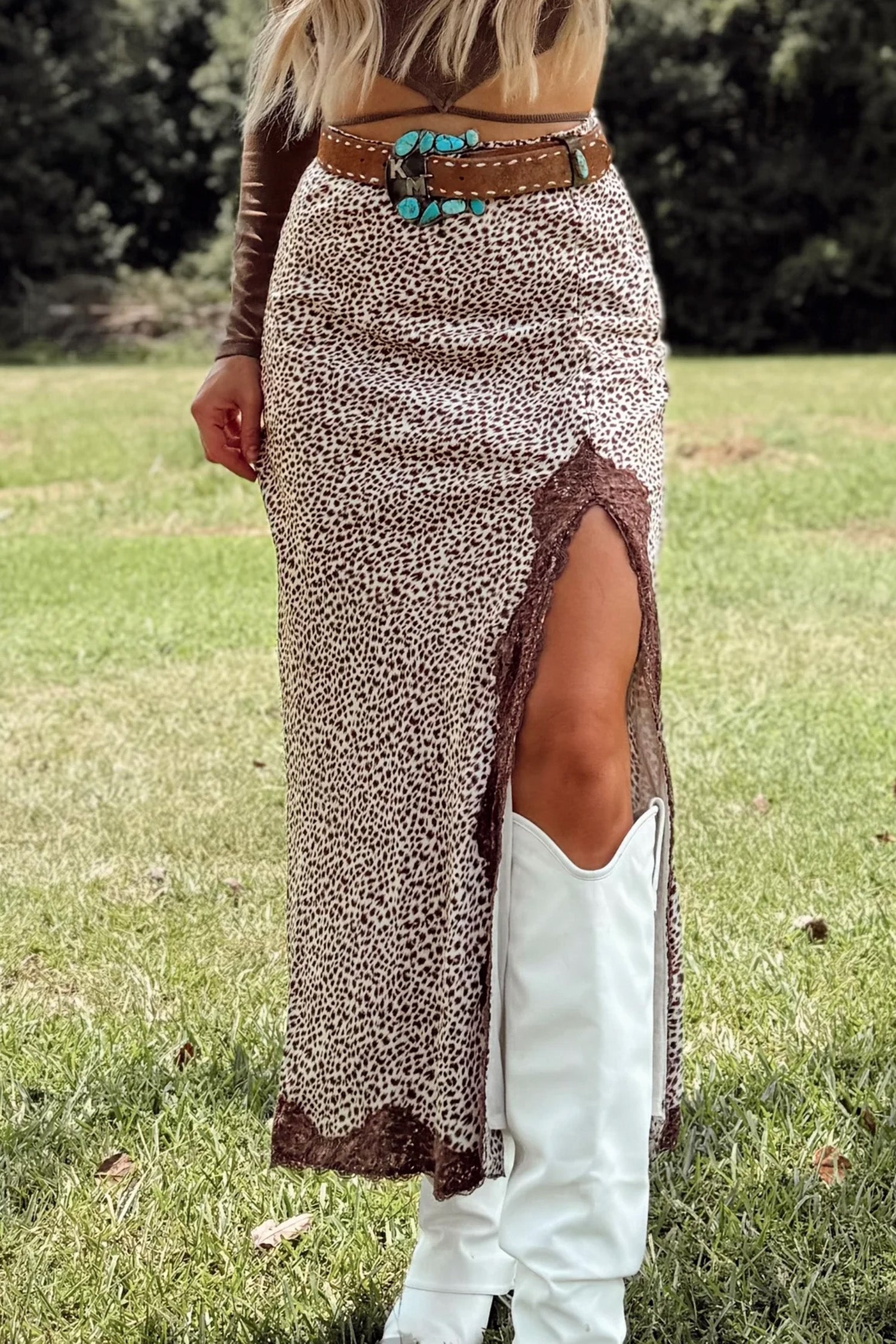Brown Cheetah Ruched High Waist Lace Splicing Slit Skirt