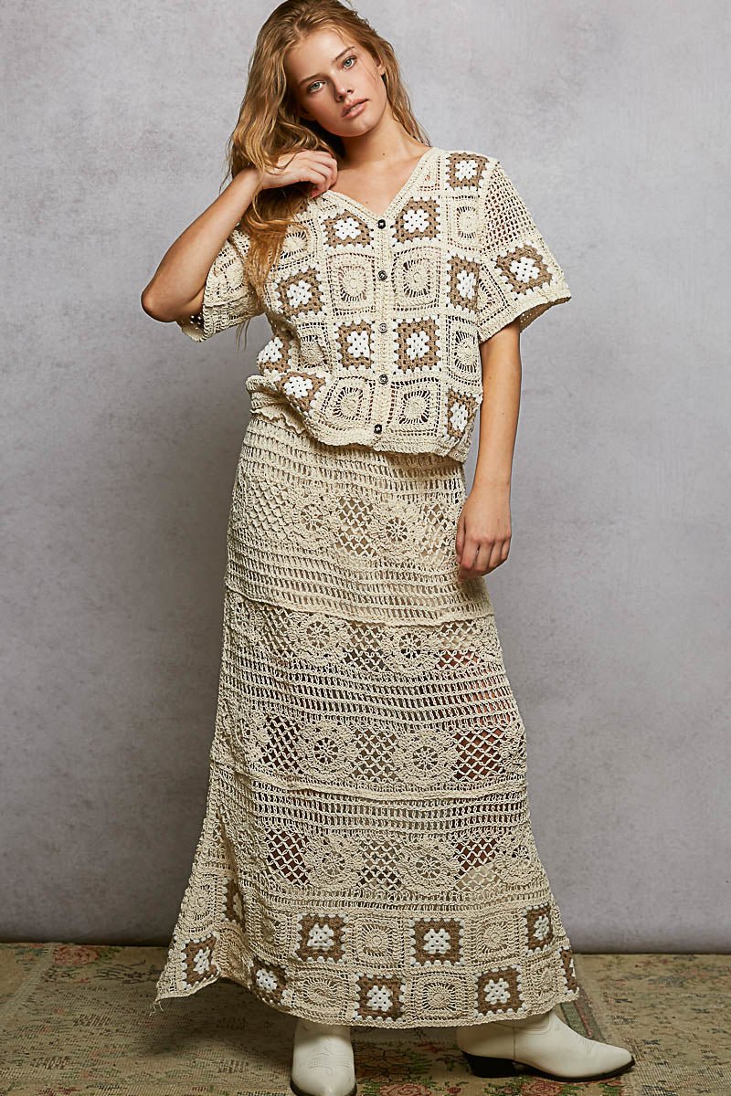 POL Floral Crochet Ruffled Waistband Maxi Skirt with Granny Square Weave - NATURAL/CAMEL / One Size