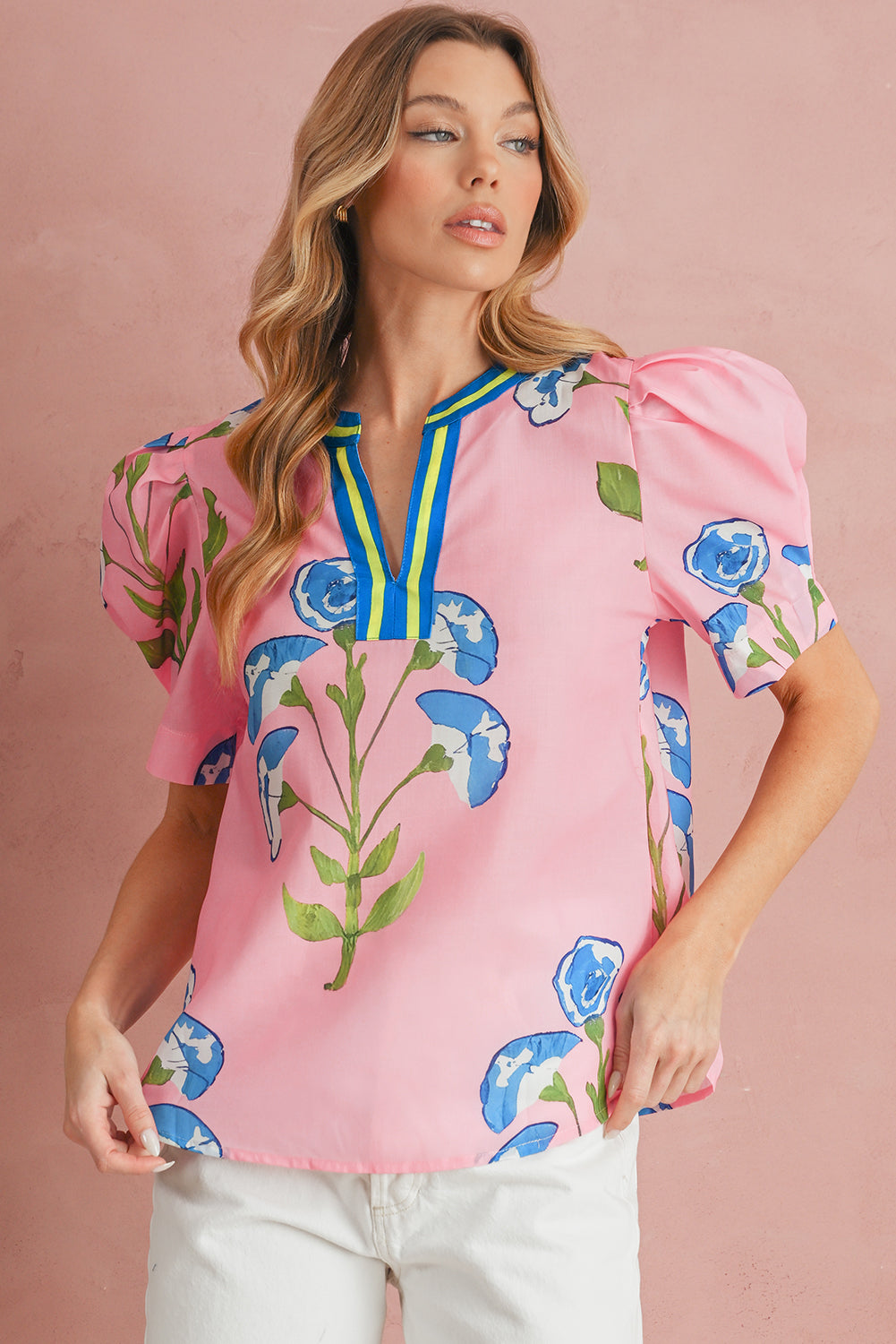 Pink Puff Sleeve Floral Pop of Color Neckline Blouse