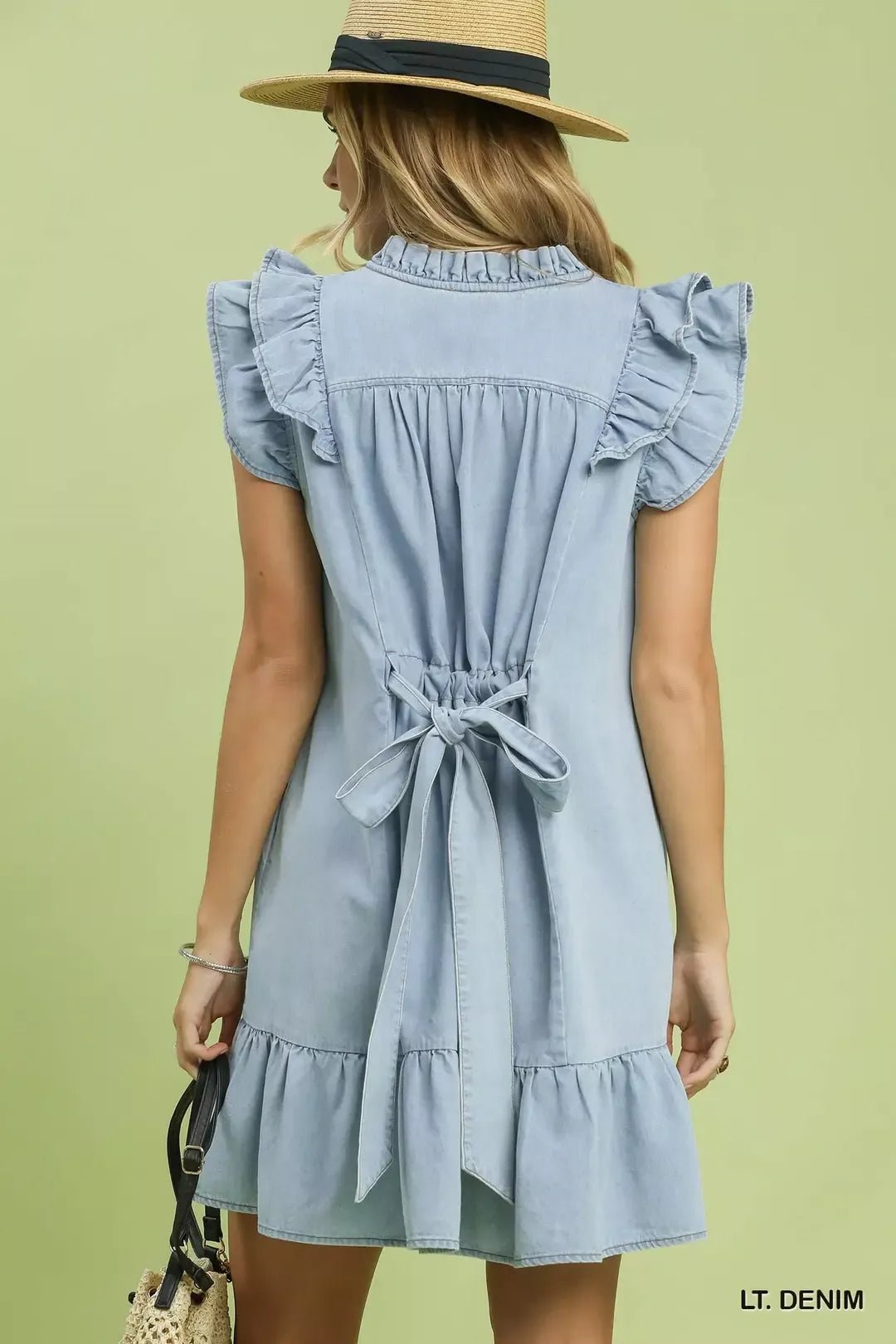 Umgee Chambray Ruffled Denim Dress with Side Pockets - LT. DENIM / S