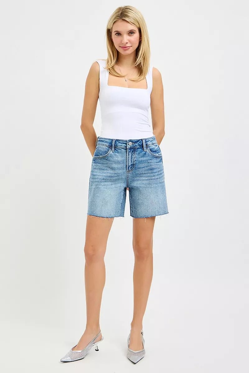 RISEN Slouchy Mid Length All Over Rhinestones Shorts - MEDIUM / S