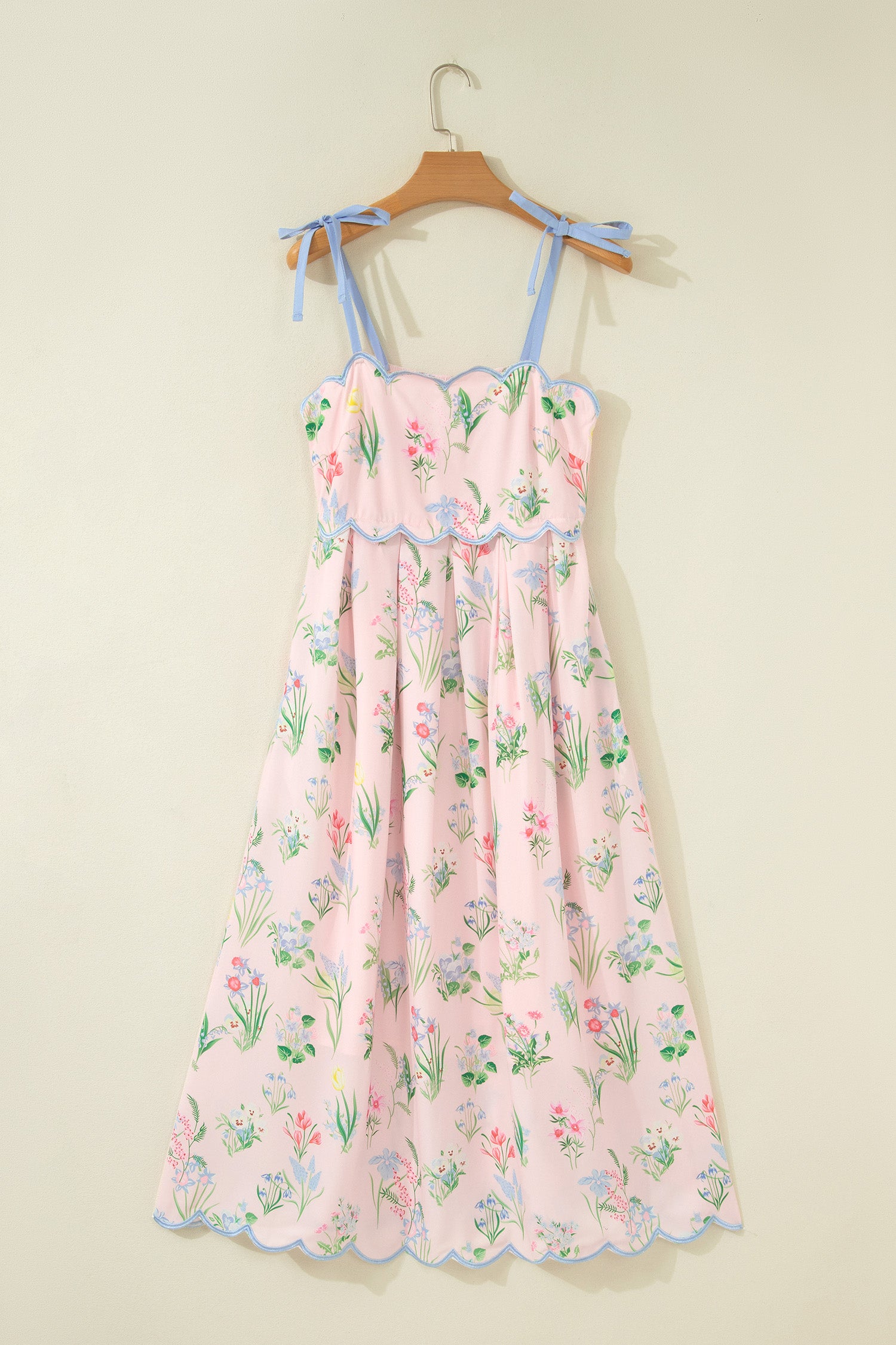 Yellow Floral Print Contrast Trim Self-tie Straps High Waist Midi Dress