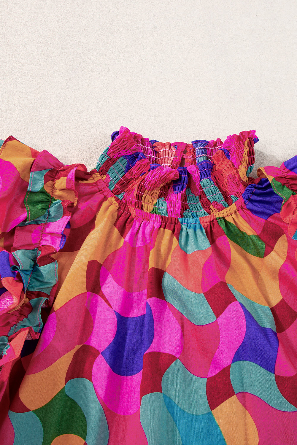 Rose Red Abstract Print Smocked Neck Layered Ruffle Sleeve Blouse