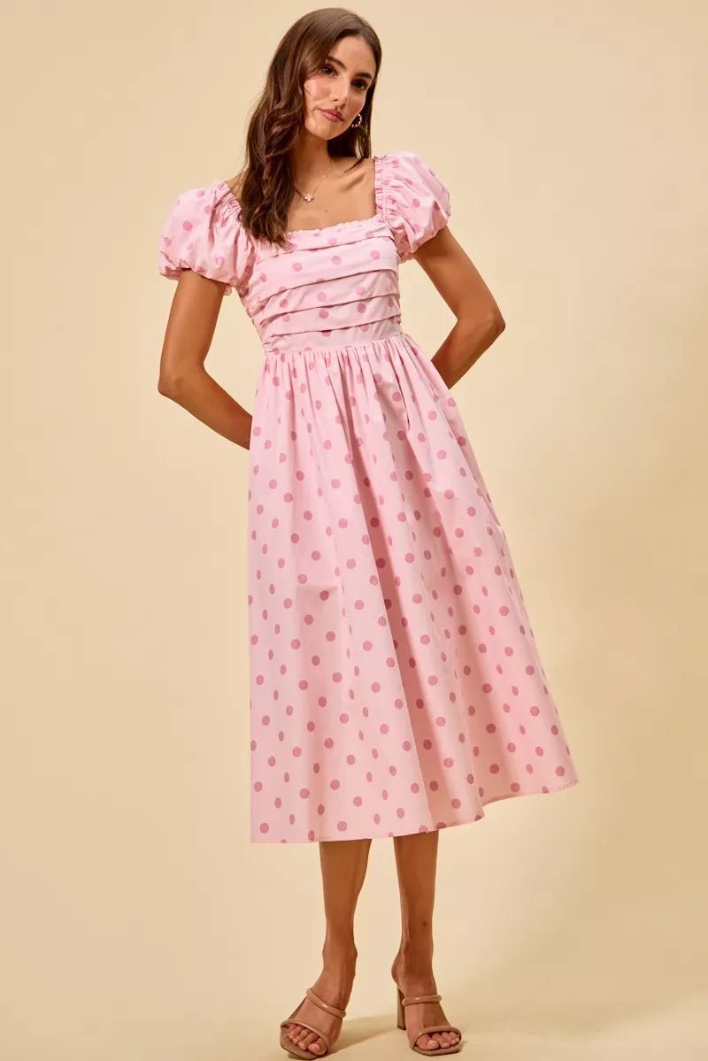 SO ME Polka Cotton Print Short Sleeves Midi Dress - PINK / S