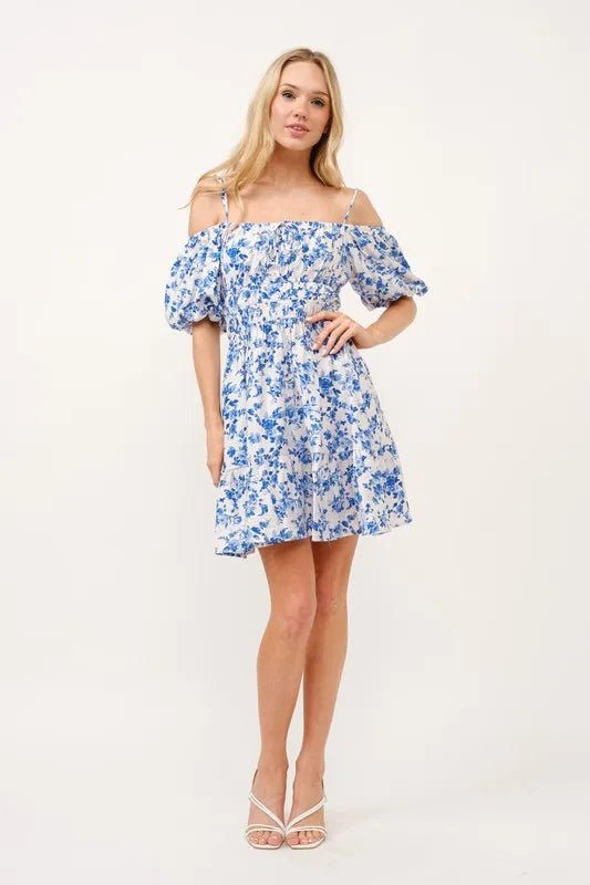 And The Why Off Shoulder Bubble Sleeve Dress - White Blue / S