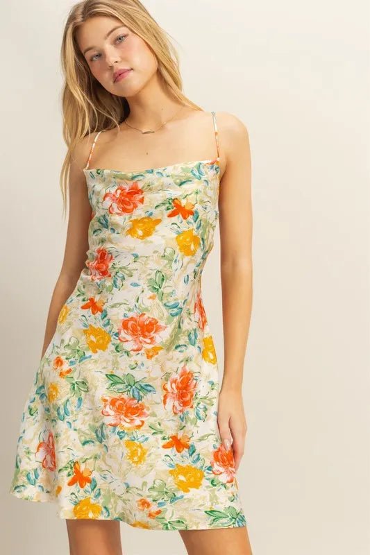 HYFVE Floral Cowl Neck Flirty Satin Mini Dress - APPLE GREEN / S