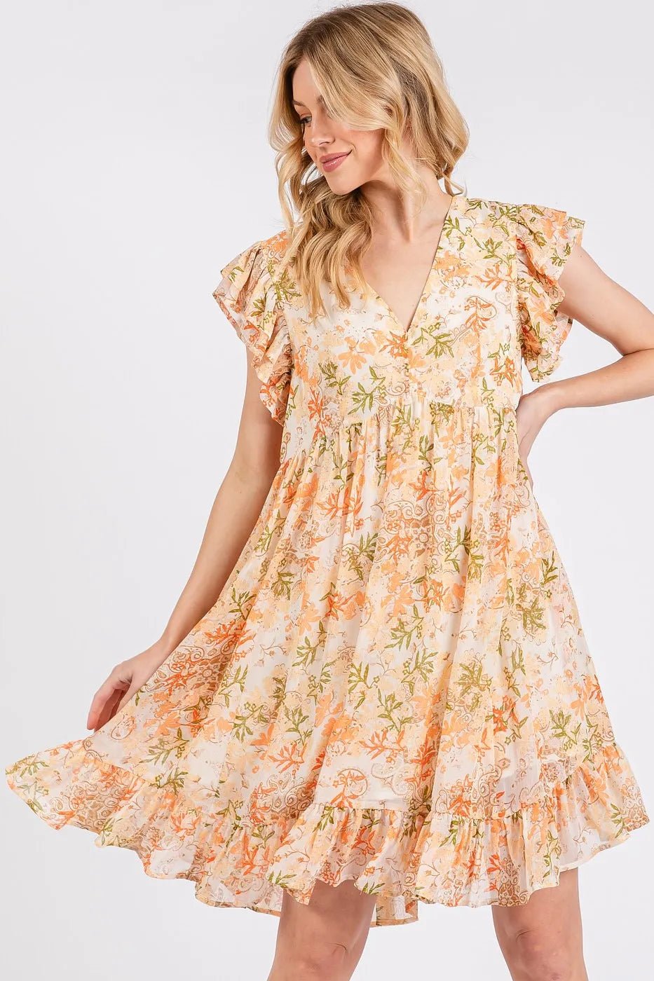 Mittoshop Floral Chiffon Ruffle Short Sleeve Mini Dress - ORANGE MULTI / S