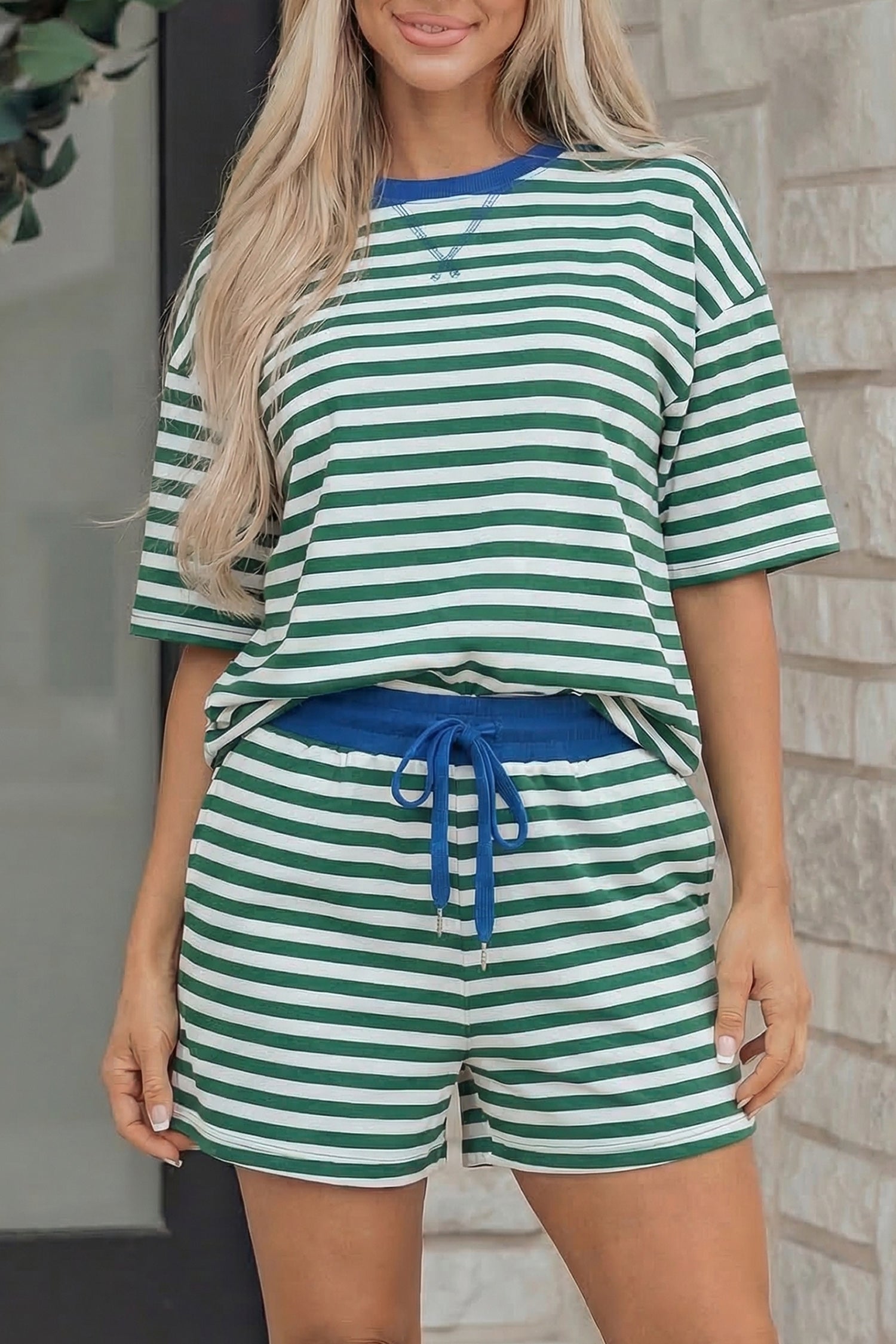 Rose Stripe Drop Shoulder Boxy Casual Terry Short Set