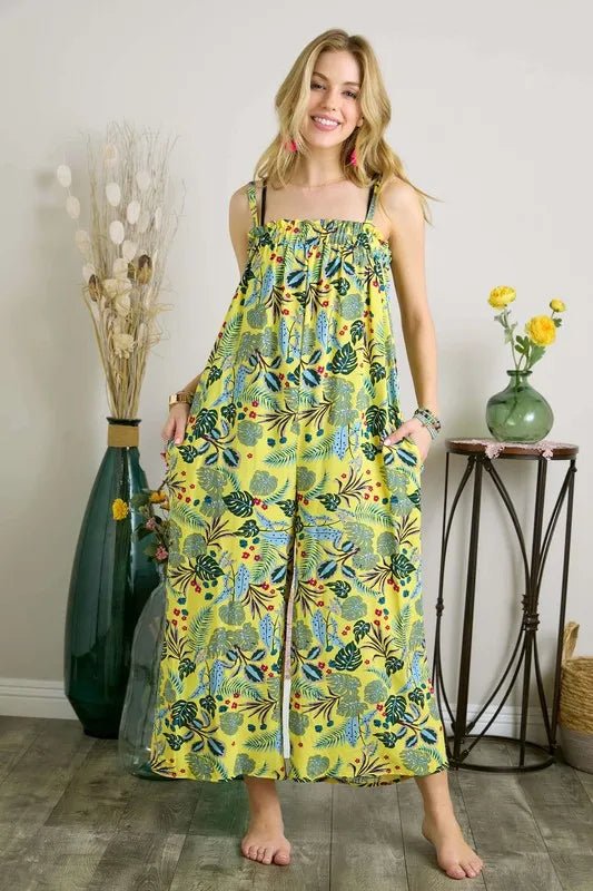 ADORA Elastic Detail Tropical Jumpsuit - YELLOW / S