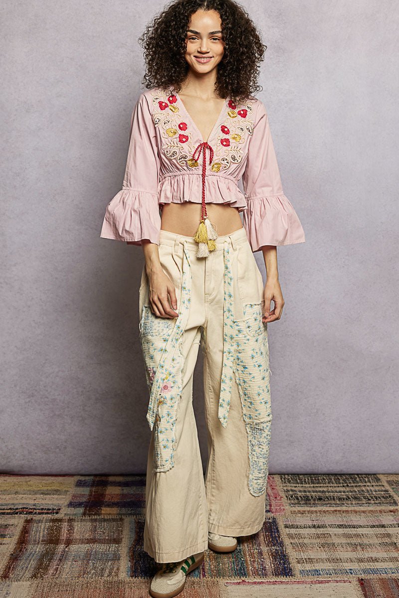 POL Floral Embroidered Cropped Blouse with Flared Ruffle Sleeves - PINK / S