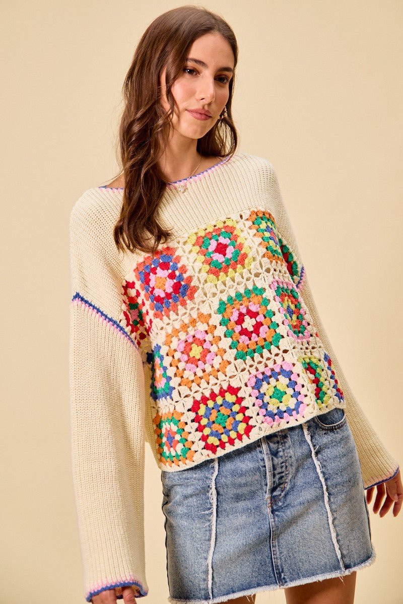 SO ME Multi Color Granny Crochet Lace Sweater Top - CREAM COMBO / S