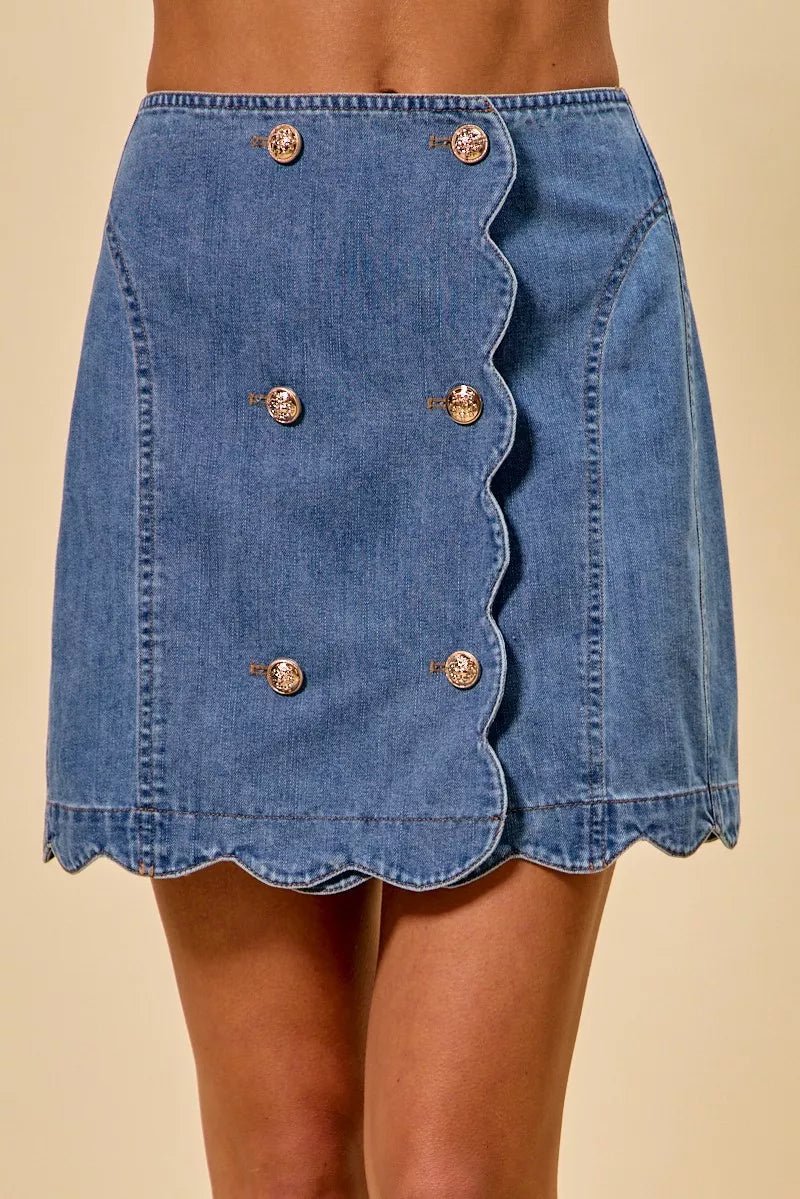 SO ME Denim Scalloped Buttoned Front Skirt - Denim / S