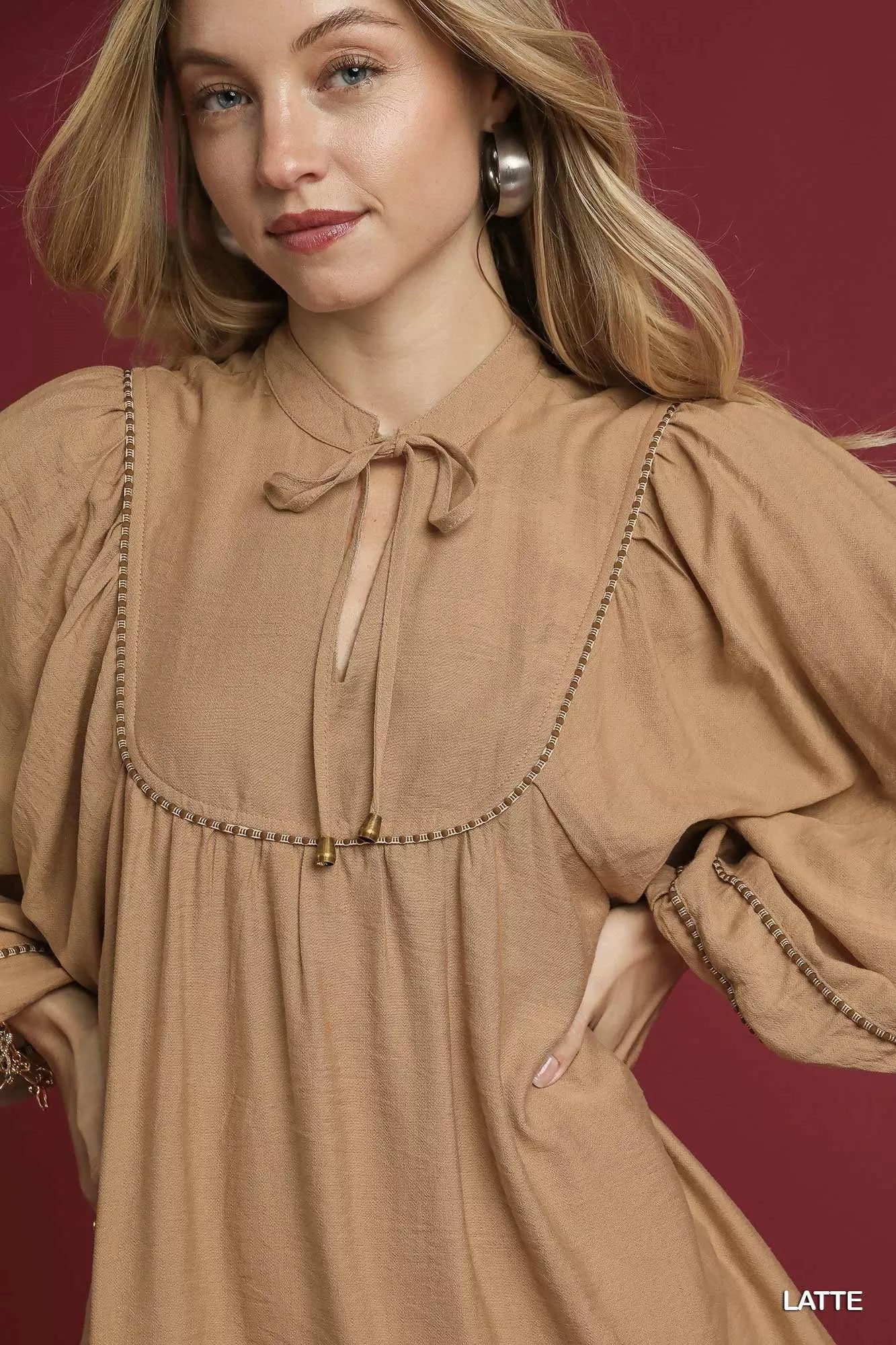 Umgee Boho Peasant Mini Dress with Trim Detail - LATTE / S