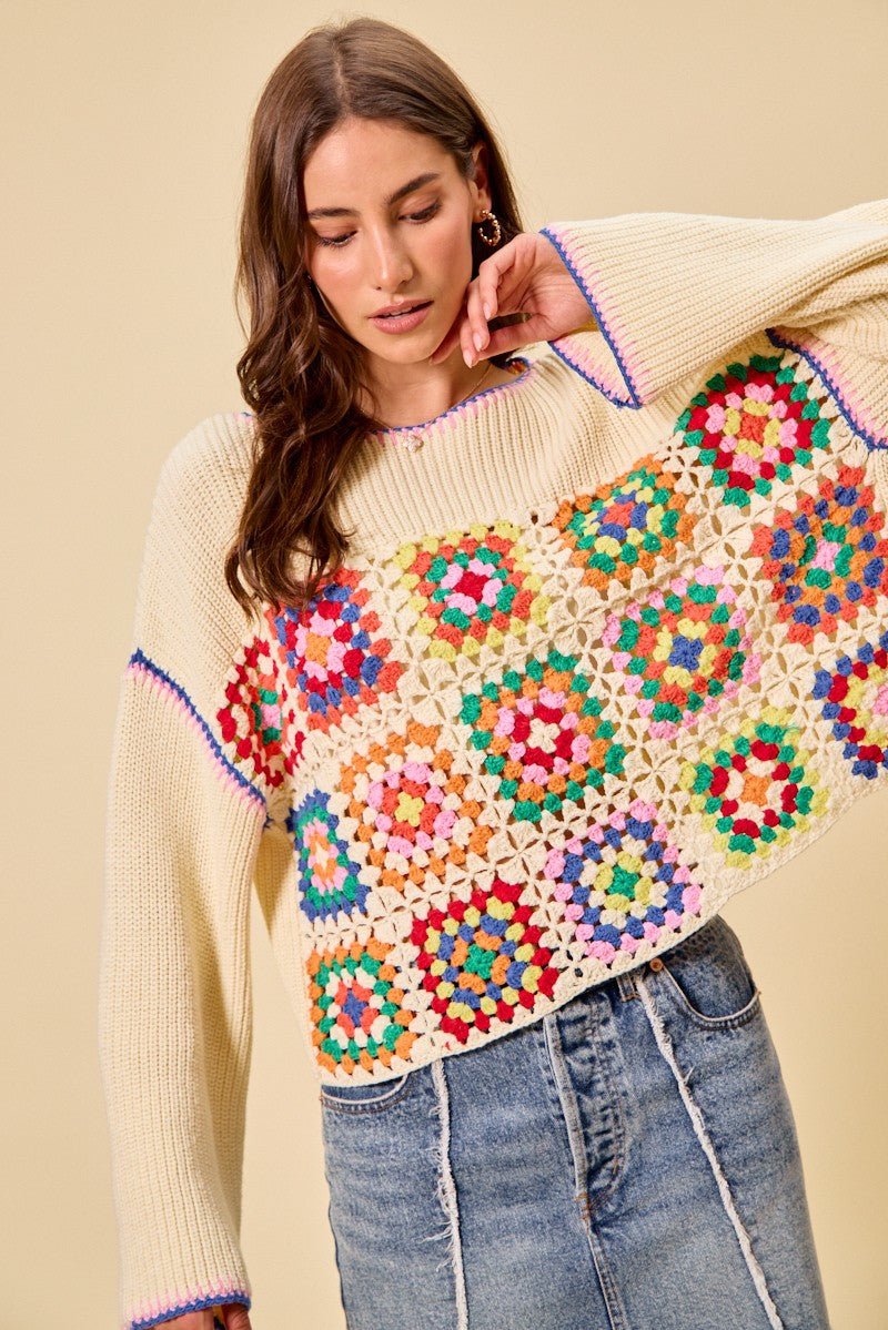 SO ME Multi Color Granny Crochet Lace Sweater Top - CREAM COMBO / S