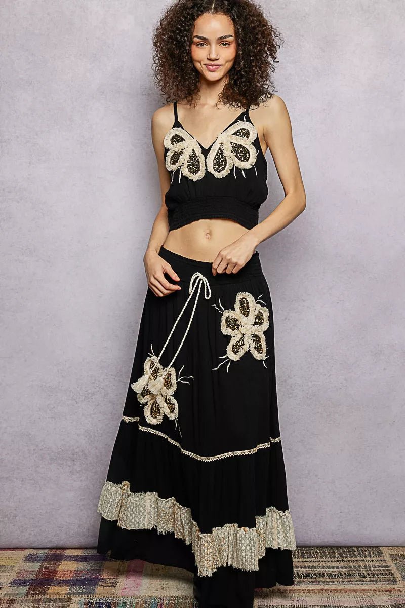 POL Embroidered Fringe V-Neck Cropped Cami - BLACK / S