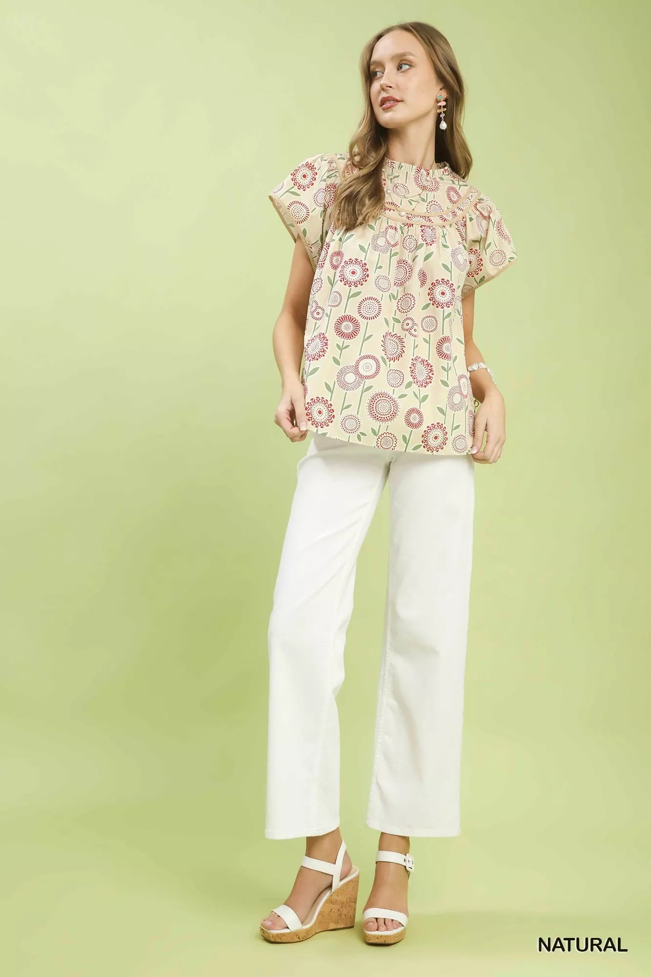 Umgee Retro Floral Smocked Babydoll Blouse - NATURAL / S
