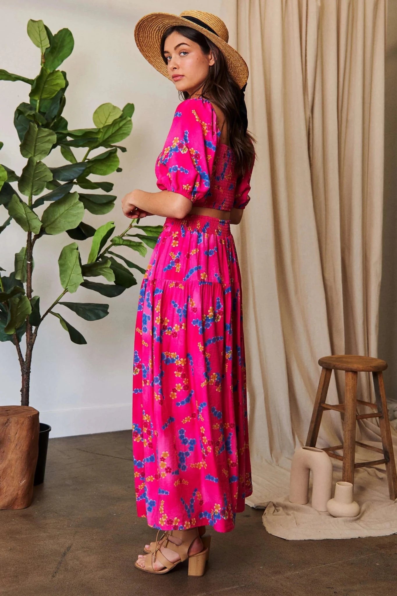 Davi & Dani Printed Smocking Waistband Ruffled Maxi Skirt - CANDY PINK / S