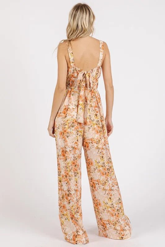 Mittoshop Flower Print Gathered Bust Sleeveless Jumpsuit - Ginger / S