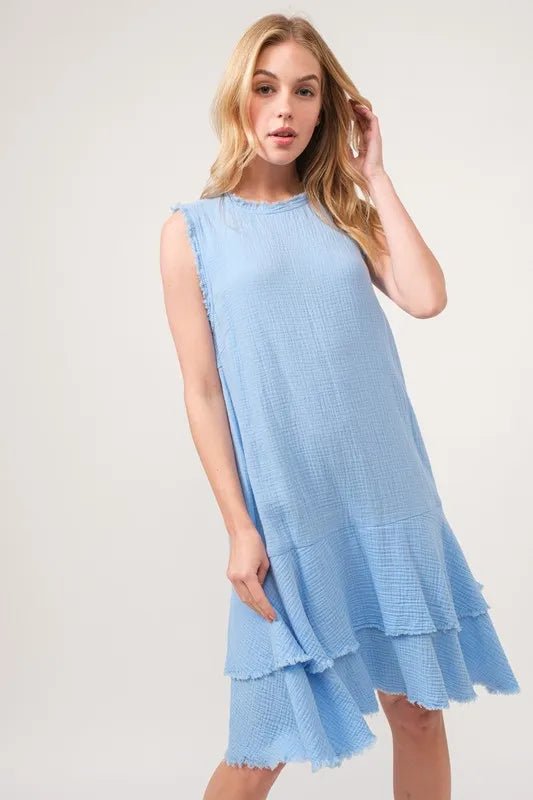 And The Why Washed Fringe Detail Tiered Dress - Baby Blue / S