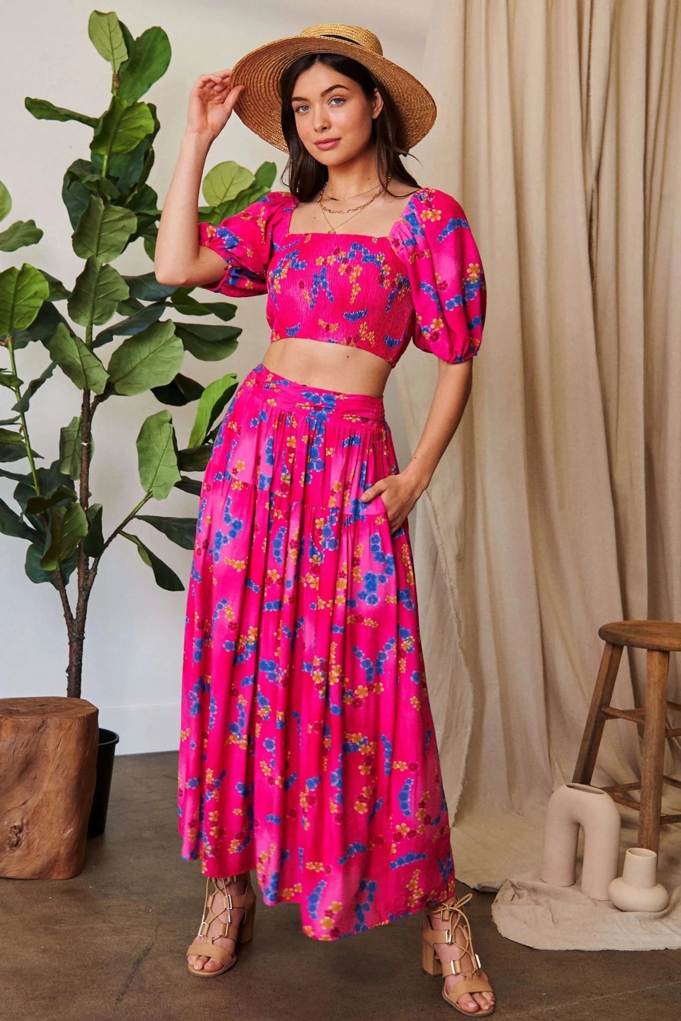 Davi & Dani Printed Smocking Waistband Ruffled Maxi Skirt - CANDY PINK / S