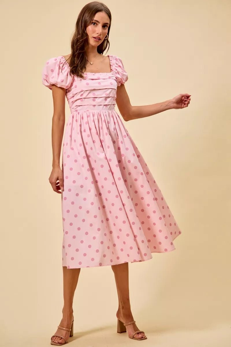 SO ME Polka Cotton Print Short Sleeves Midi Dress - PINK / S