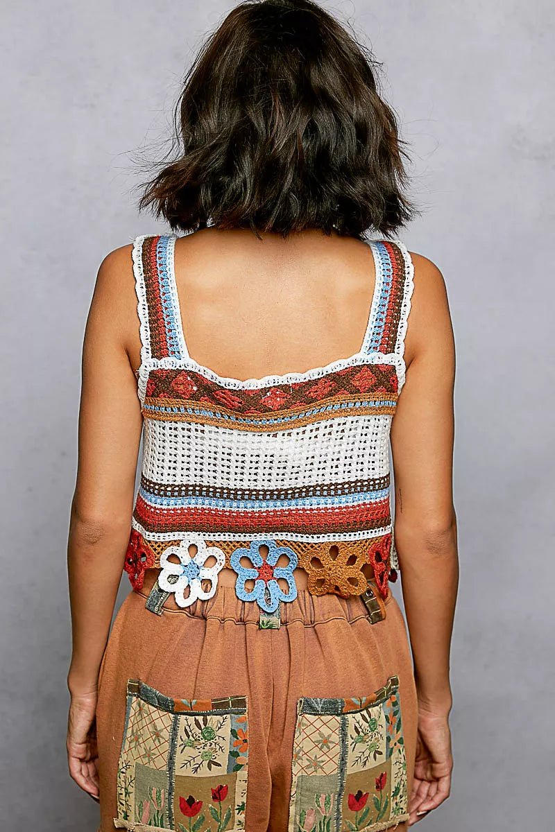 POL Cutout Flower Cropped Crochet Cami with with Dangle Detail - ORAGNE MULTI / One Size