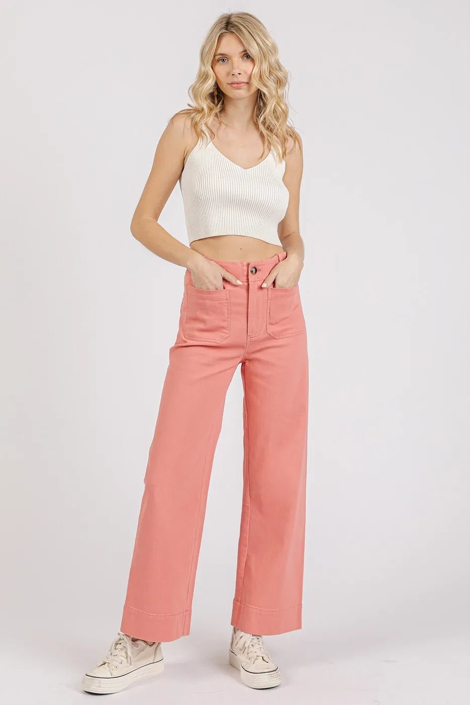 Mittoshop Twill Patch Pocket High Rise Wide Leg Pants - CORAL PINK / S