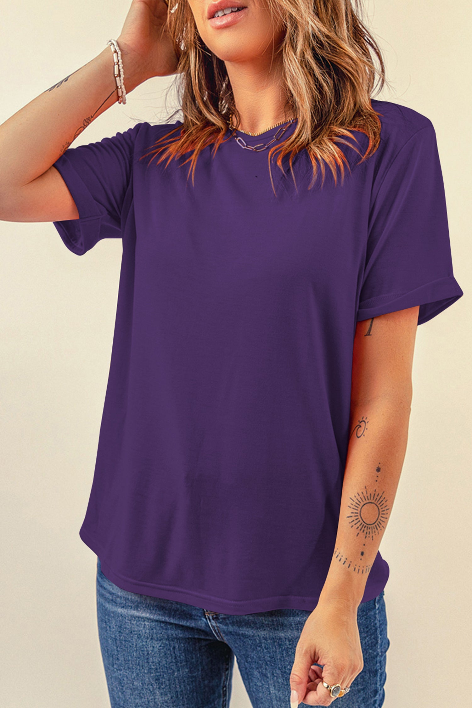 Sachet Pink Solid Color Basic Crew Neck Plain Tee