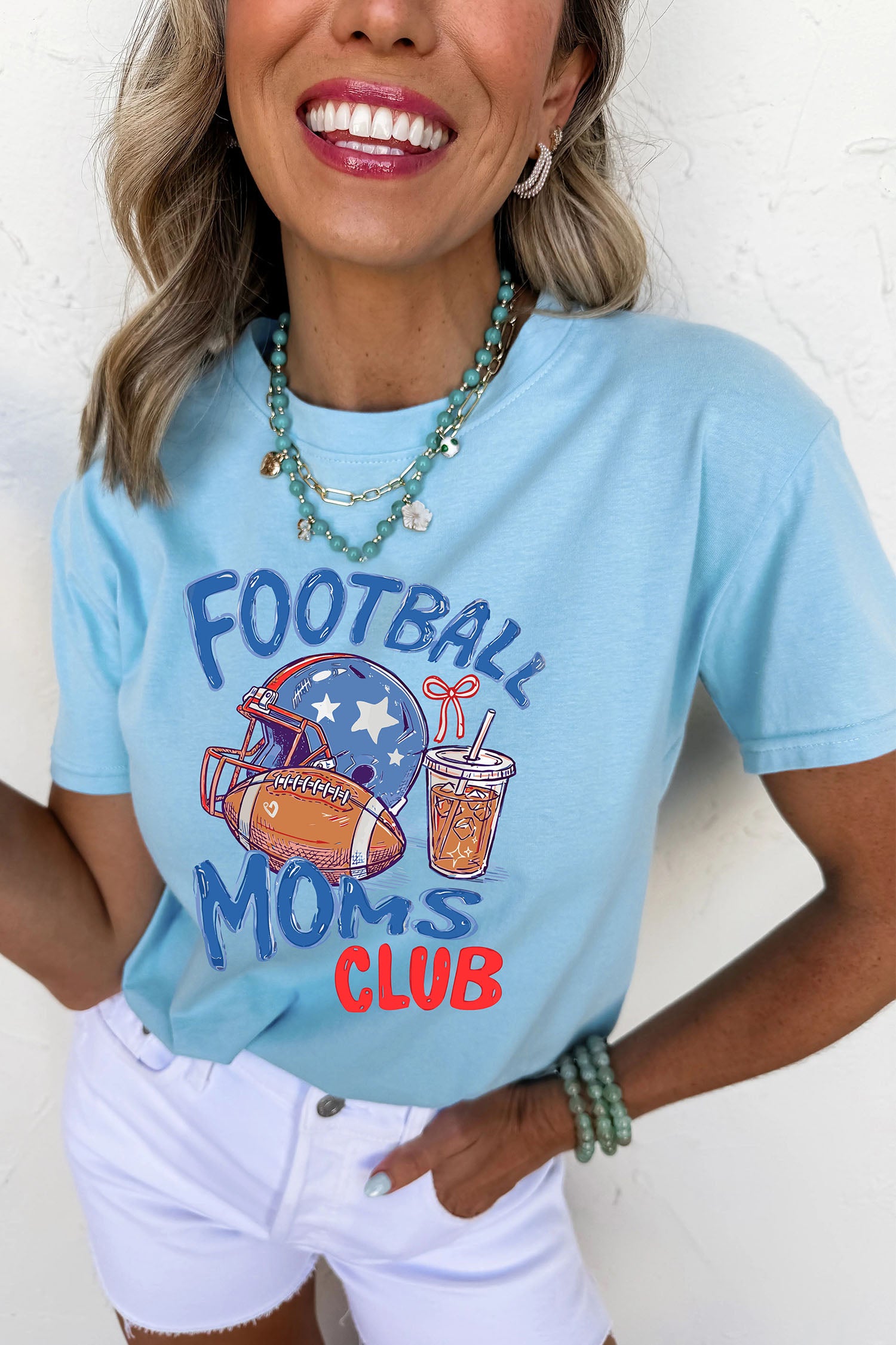 Light Blue FOOTBALL MOMS CLUB Game Day Graphic T Shirt