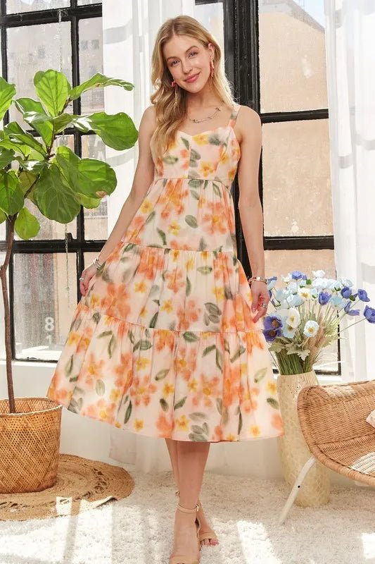 ADORA Smocked Back Floral Adjustable Strap Midi Dress - Tangerine / S