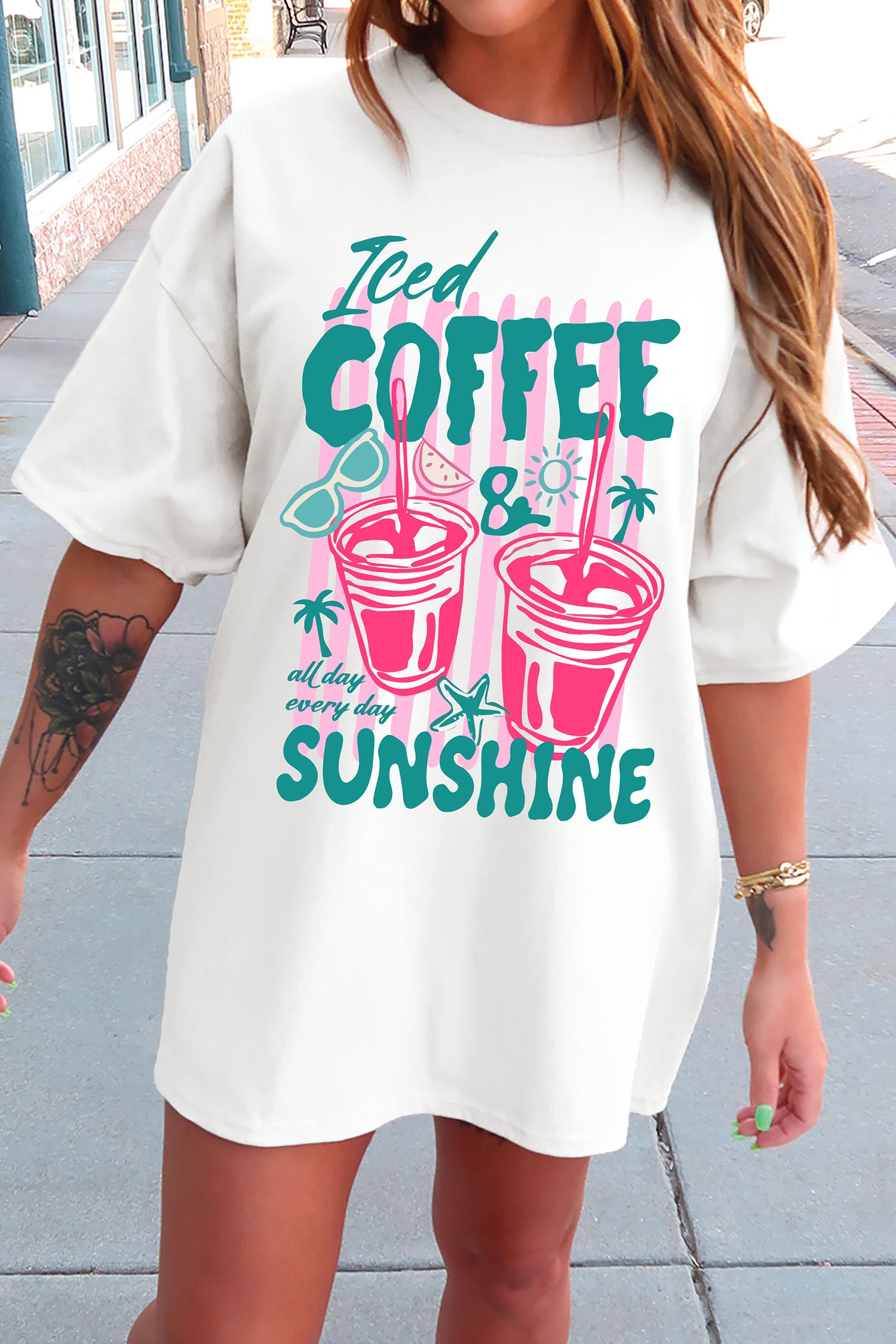 White Iced Coffee Sunshine Vacation Graphic Tunic T Shirt