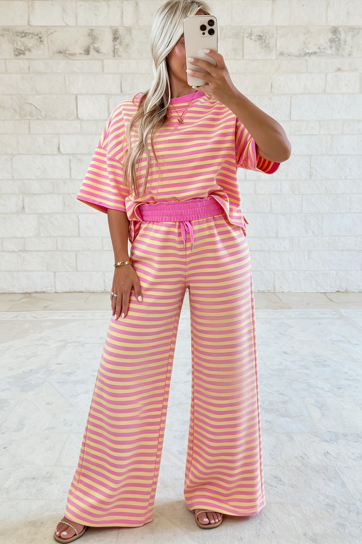 Pink Stripe Striped Colorblock Short Sleeve Two Piece Set Casual Pantsuit