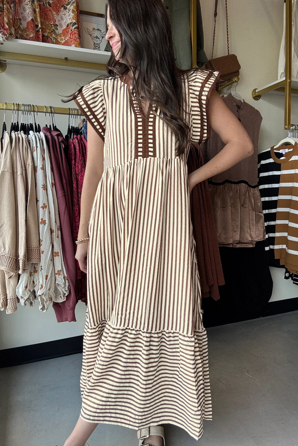 Black Stripe Double Ruffled Short Sleeve Contrast Trim V Neck Midi Dress