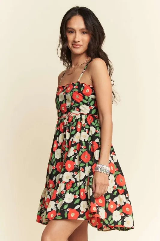 Davi & Dani Floral Scalloped Cutout Back Mini Dress - Black / S