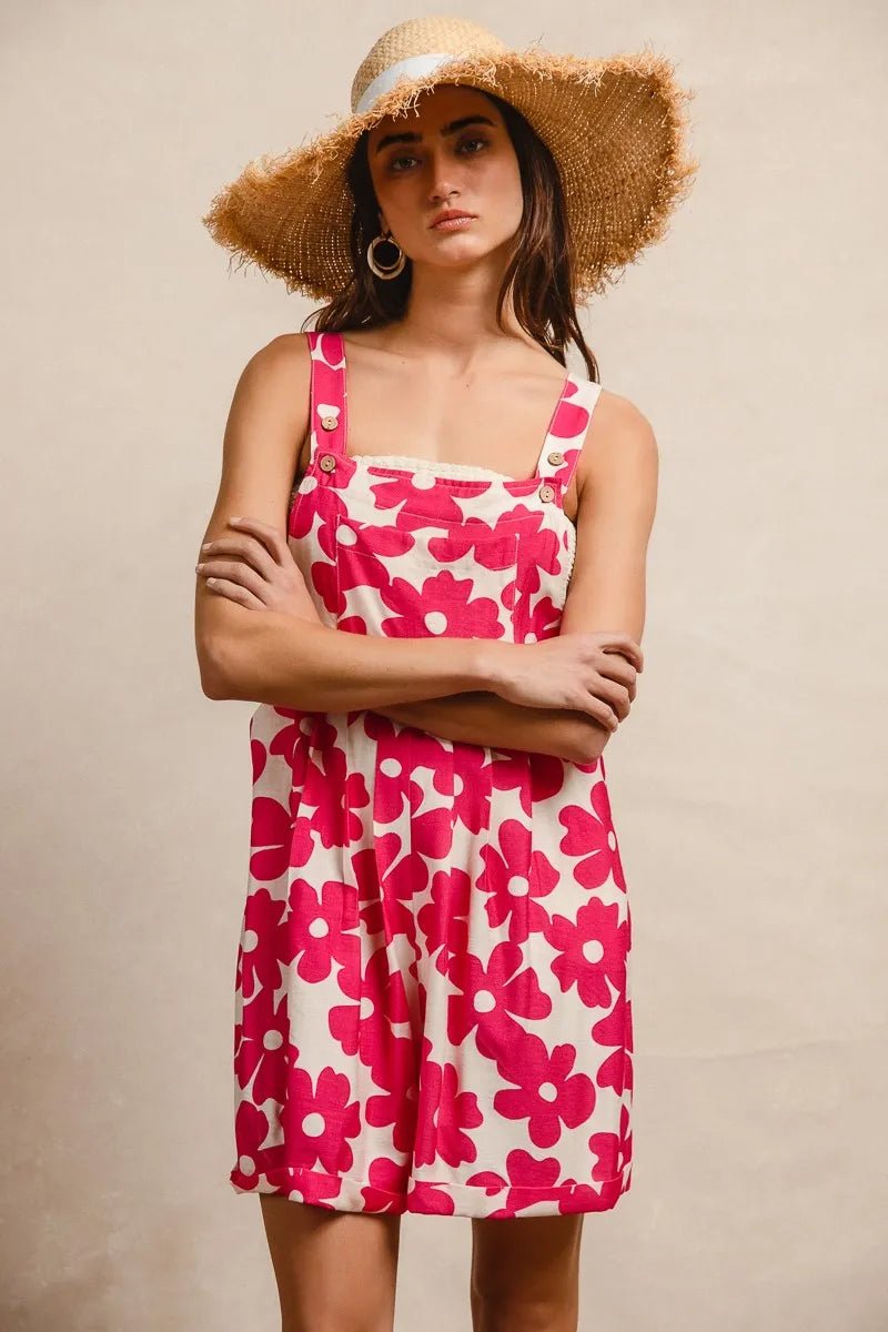 BiBi Floral Prints Tuck Detail Short Overall With Pockets - FUCHSIA / S