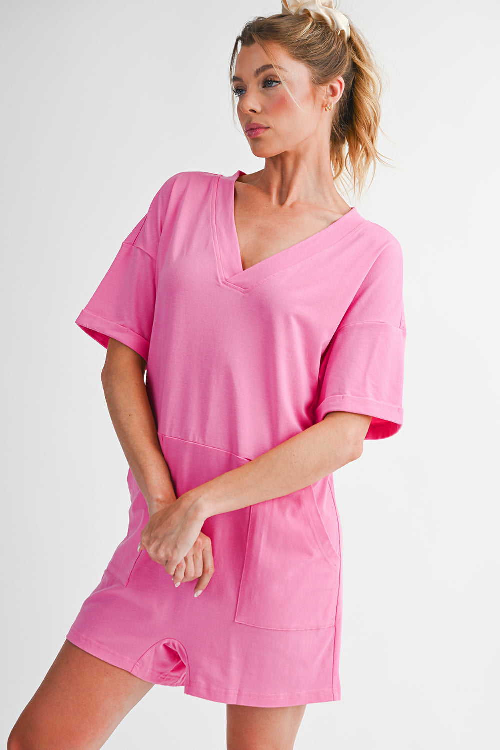 Grass Green Loose Half Sleeve V Neck Plain Romper