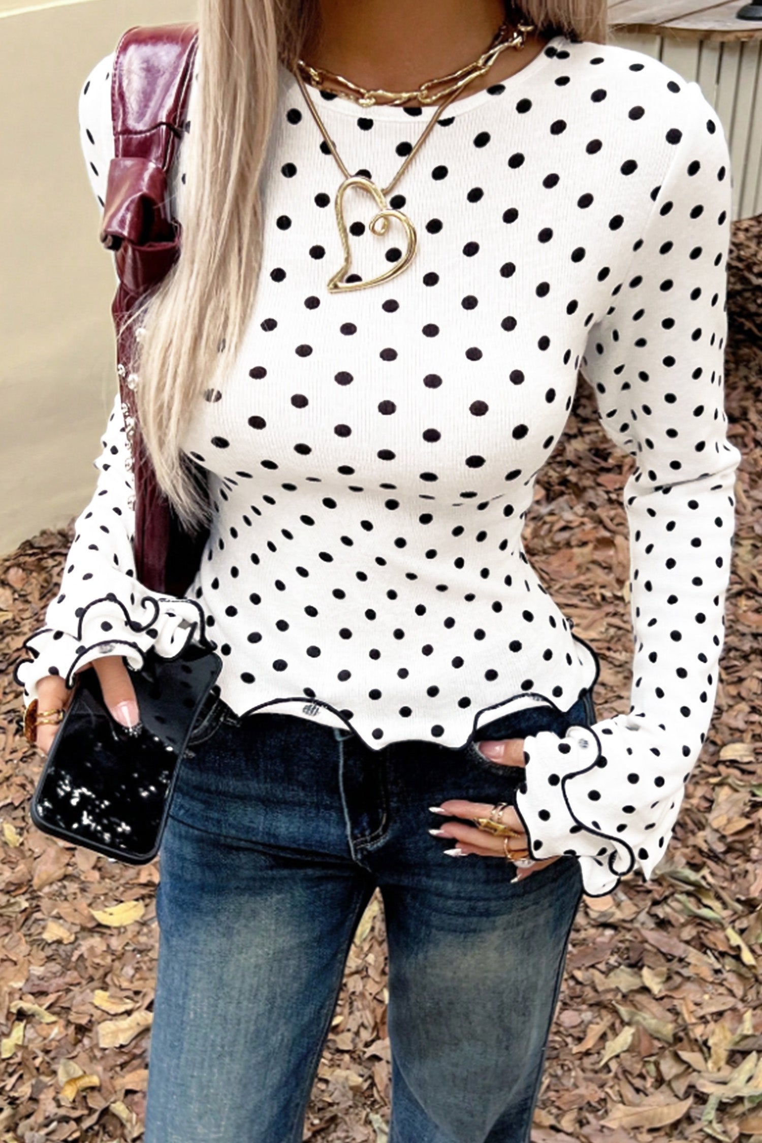 Black Polka Dot/ Leopard/ Flower Print Lettuce Trim Long Sleeve Top
