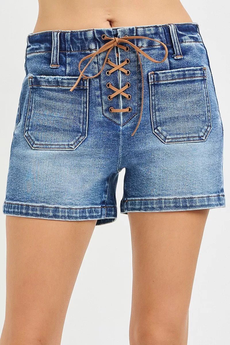 RISEN High Rise Front Tie Up Shorts with Patch Pockets - MEDIUM / S