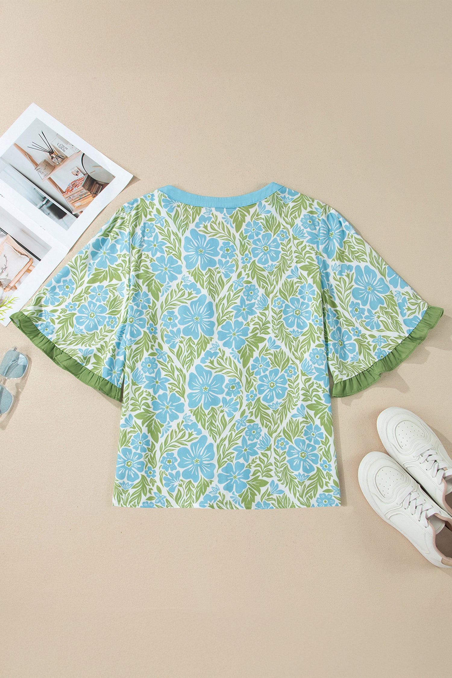 Purple Floral Print Ruffled Color Block Trim Half Sleeve Blouse