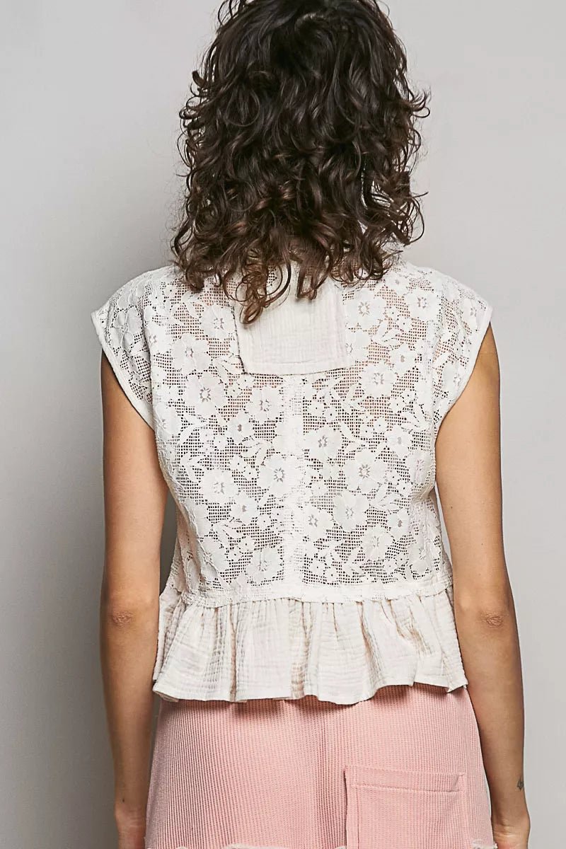POL Round Neck Lace Sleeveless Top with Double Gauze Ruffle - NATURAL / S