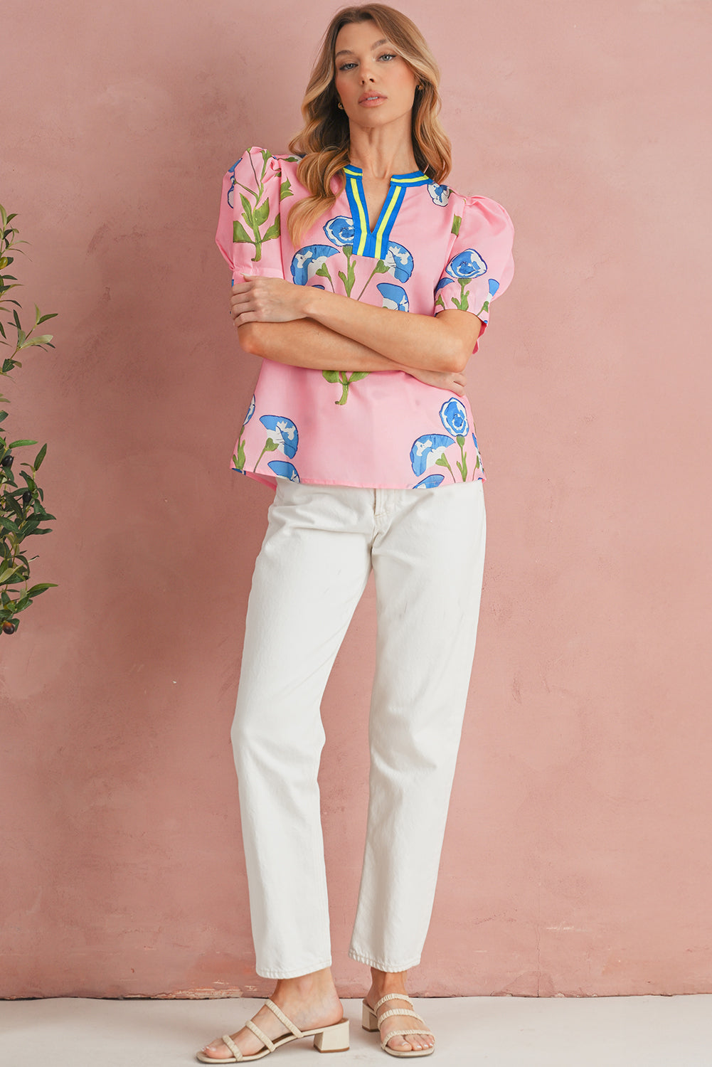 Pink Puff Sleeve Floral Pop of Color Neckline Blouse