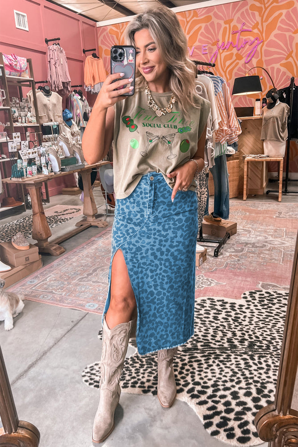 Sky Blue Leopard Print Frayed Edge Denim Skirt Long Casual Daily Wear