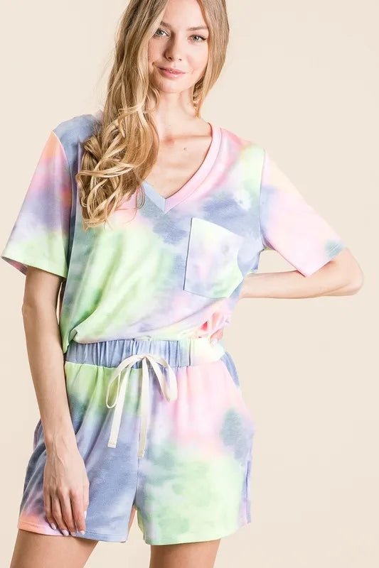 BiBi Tie Dye Casual Shorts with Twill Tape Drawstring - BLUE/N.YELLOW / S