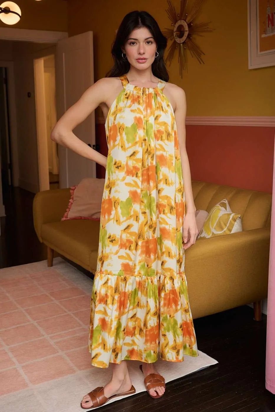 Mittoshop Watercolor Print Halter Neck Satin Maxi Dress - ORANGE / S