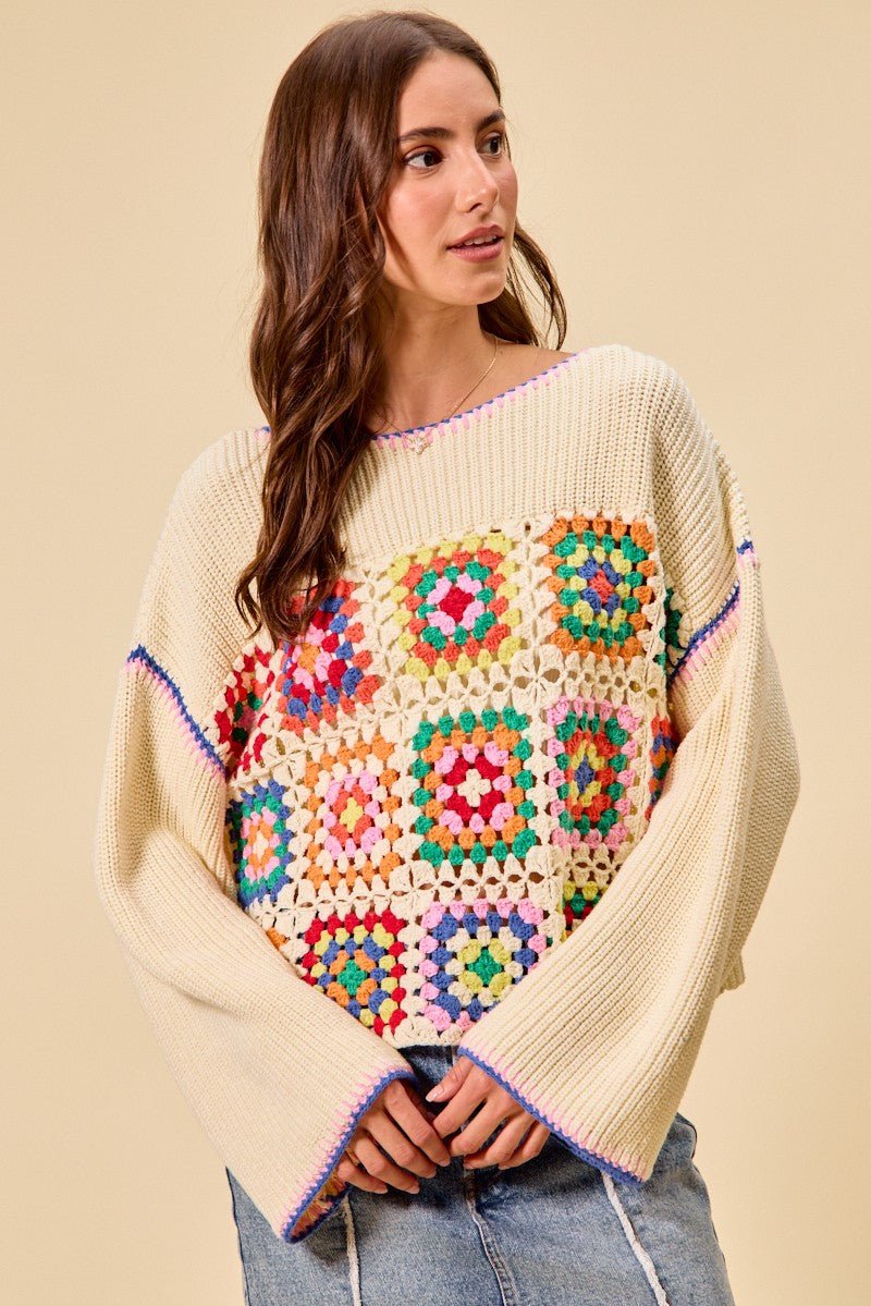 SO ME Multi Color Granny Crochet Lace Sweater Top - CREAM COMBO / S