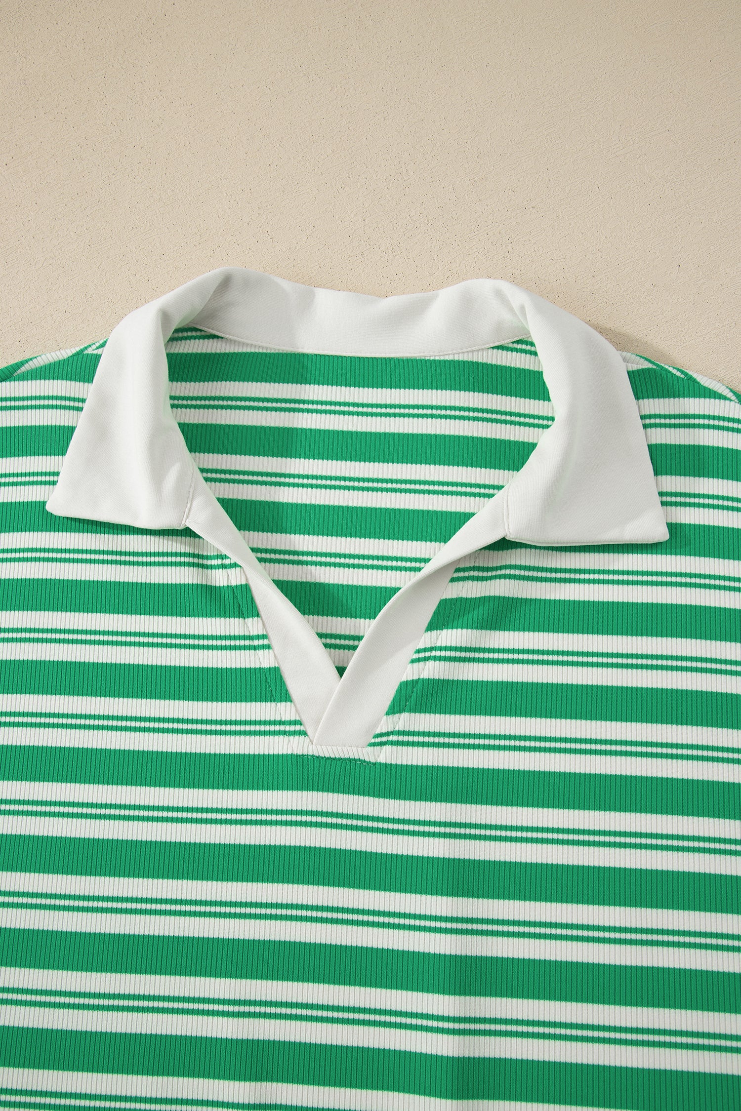 Green Stripe Collared V Neck Short Sleeve T Shirt Midi Dress with Pockets