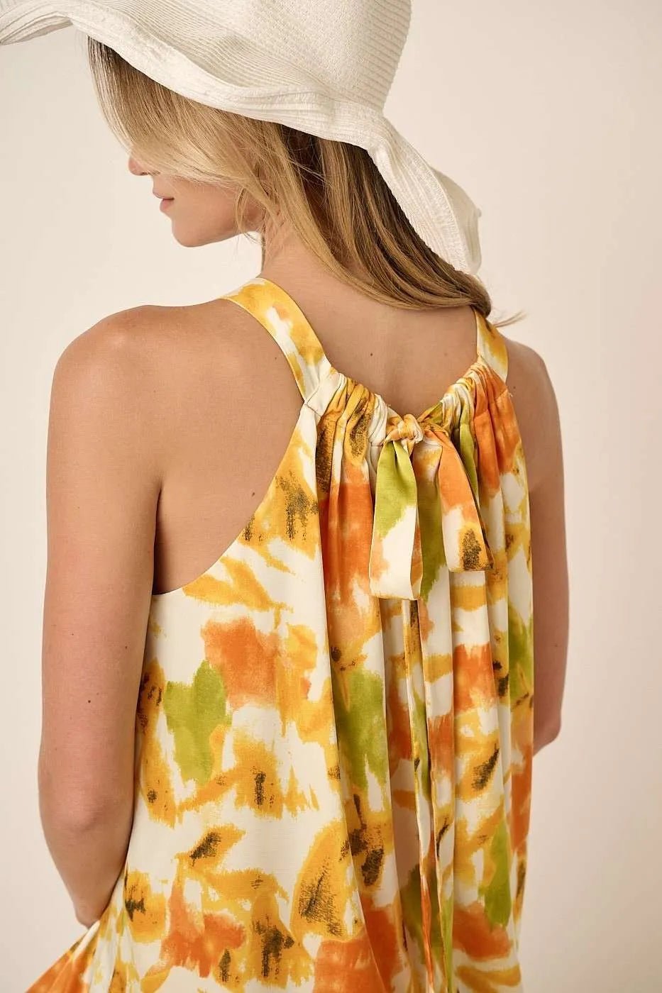 Mittoshop Watercolor Print Halter Neck Satin Maxi Dress - ORANGE / S