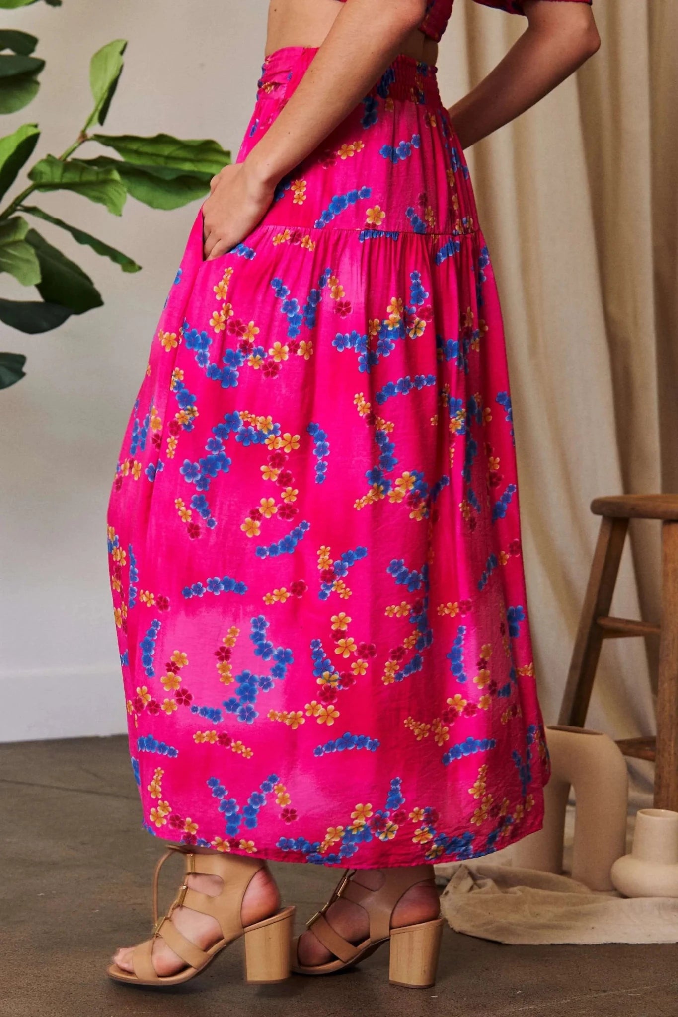 Davi & Dani Printed Smocking Waistband Ruffled Maxi Skirt - CANDY PINK / S